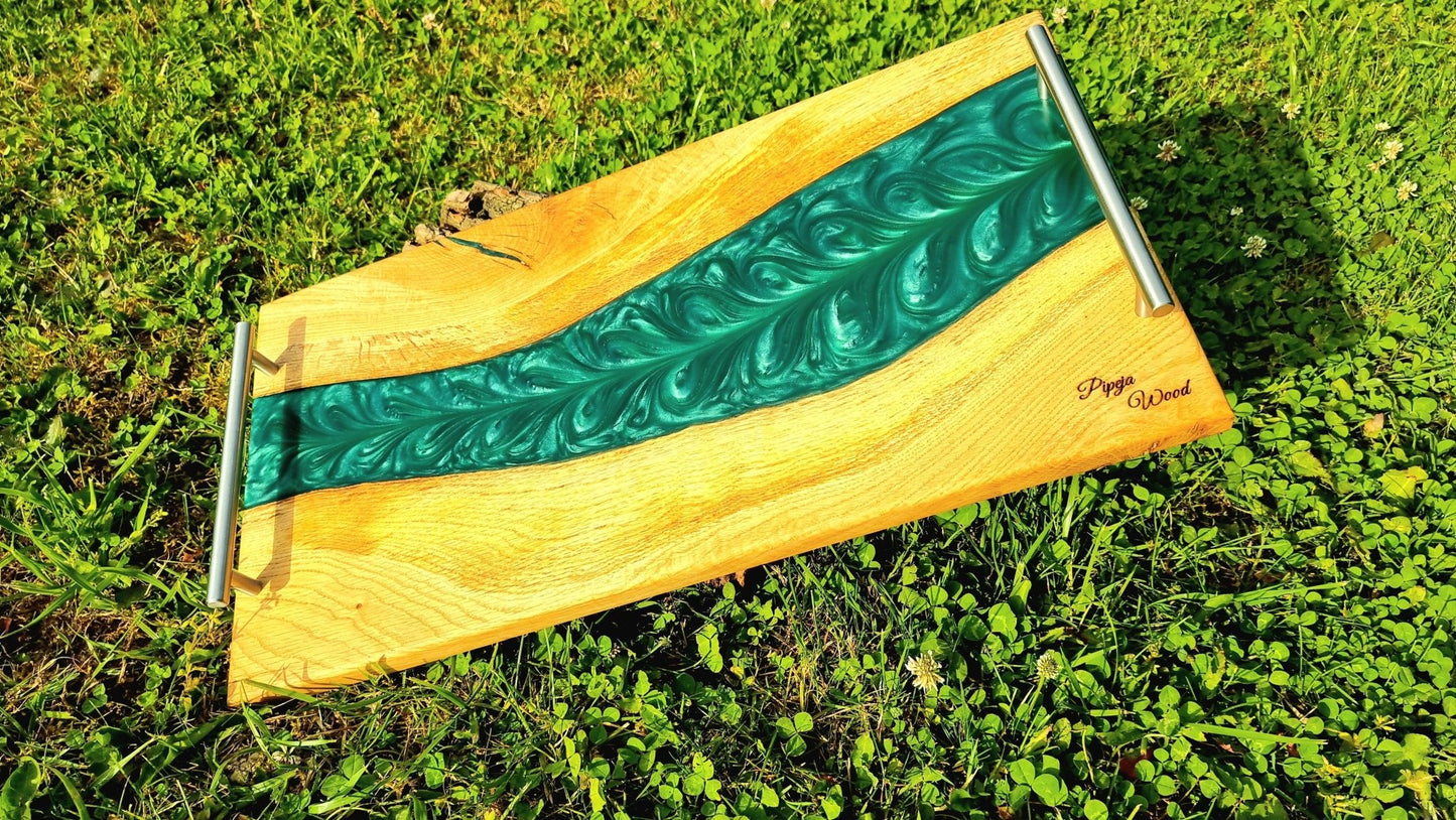 Handmade Oak Wood Serving Board with Pearl Green Epoxy Resin – 52cm x 28cm | Cheese, Charcuterie, and Appetizer Board - PipejaWood