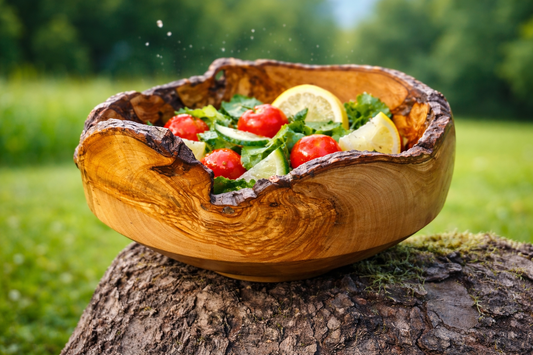 olive wood handmade bowl on tree trunk natural grain food safe wooden bowl