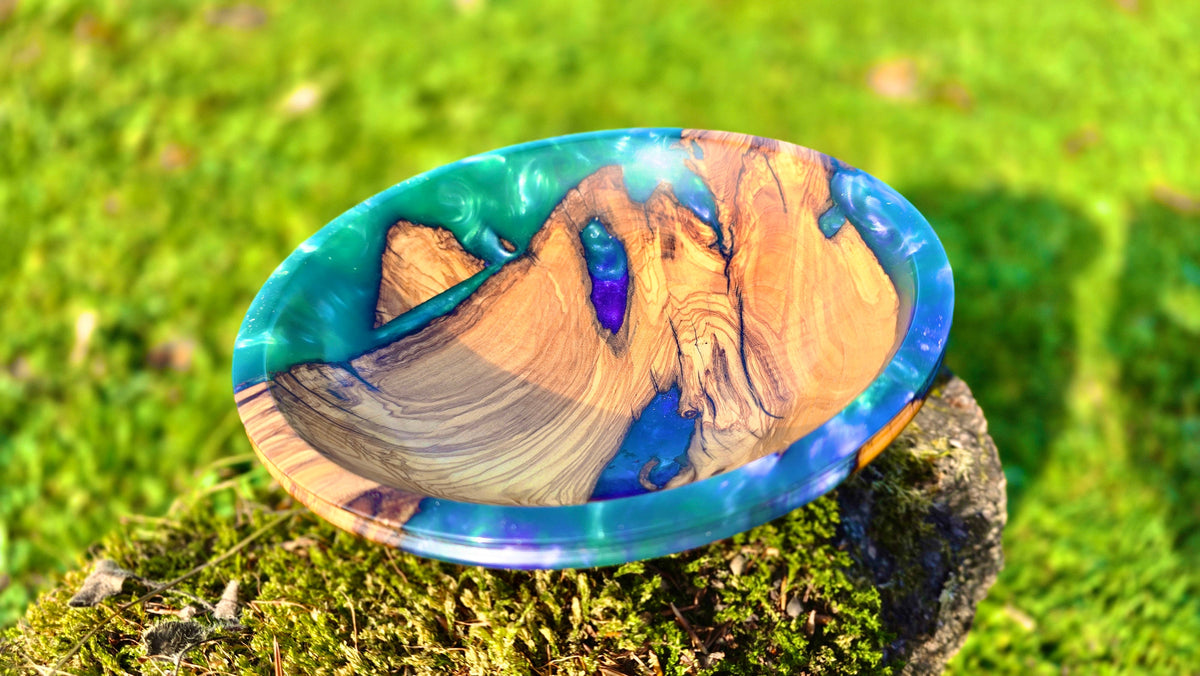 Handmade olive wood and epoxy resin bowl — unique wooden gift