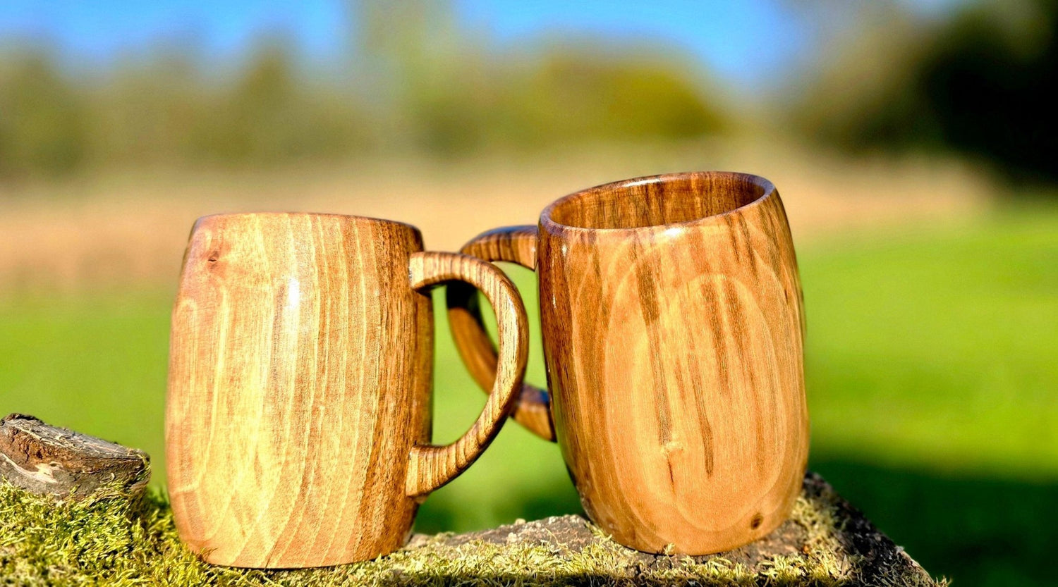 Handcrafted wooden mug made from solid hardwood with natural finish for coffee tea and beer drinkware