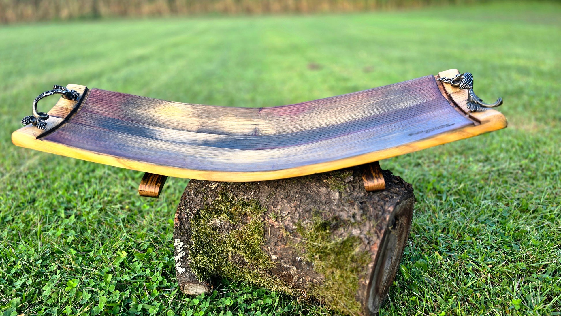 Reclaimed wine barrel wood serving board handmade from oak and acacia 65 cm