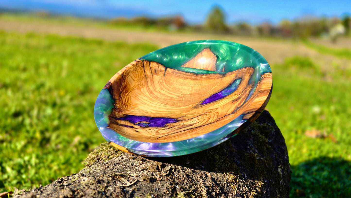 Unique artisan wooden bowl made from olive wood and epoxy resin for home decor