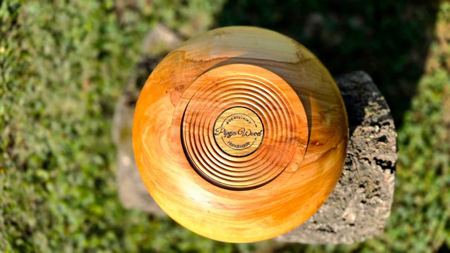 Handmade apple wood bowl showing warm honey grain and live edge