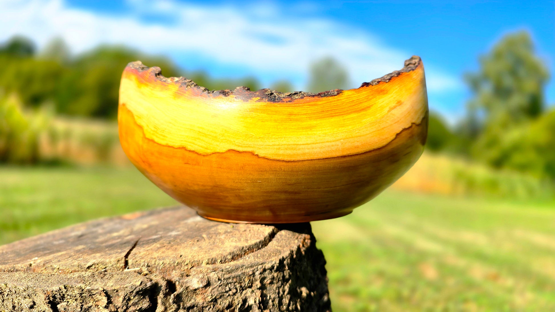 Handmade apple wood bowl with natural live edge, hand-turned by PipejaWood