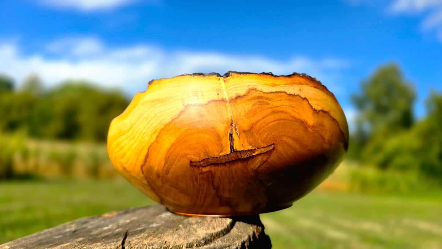 Hand-turned apple wood bowl with natural bark edge, 23 cm