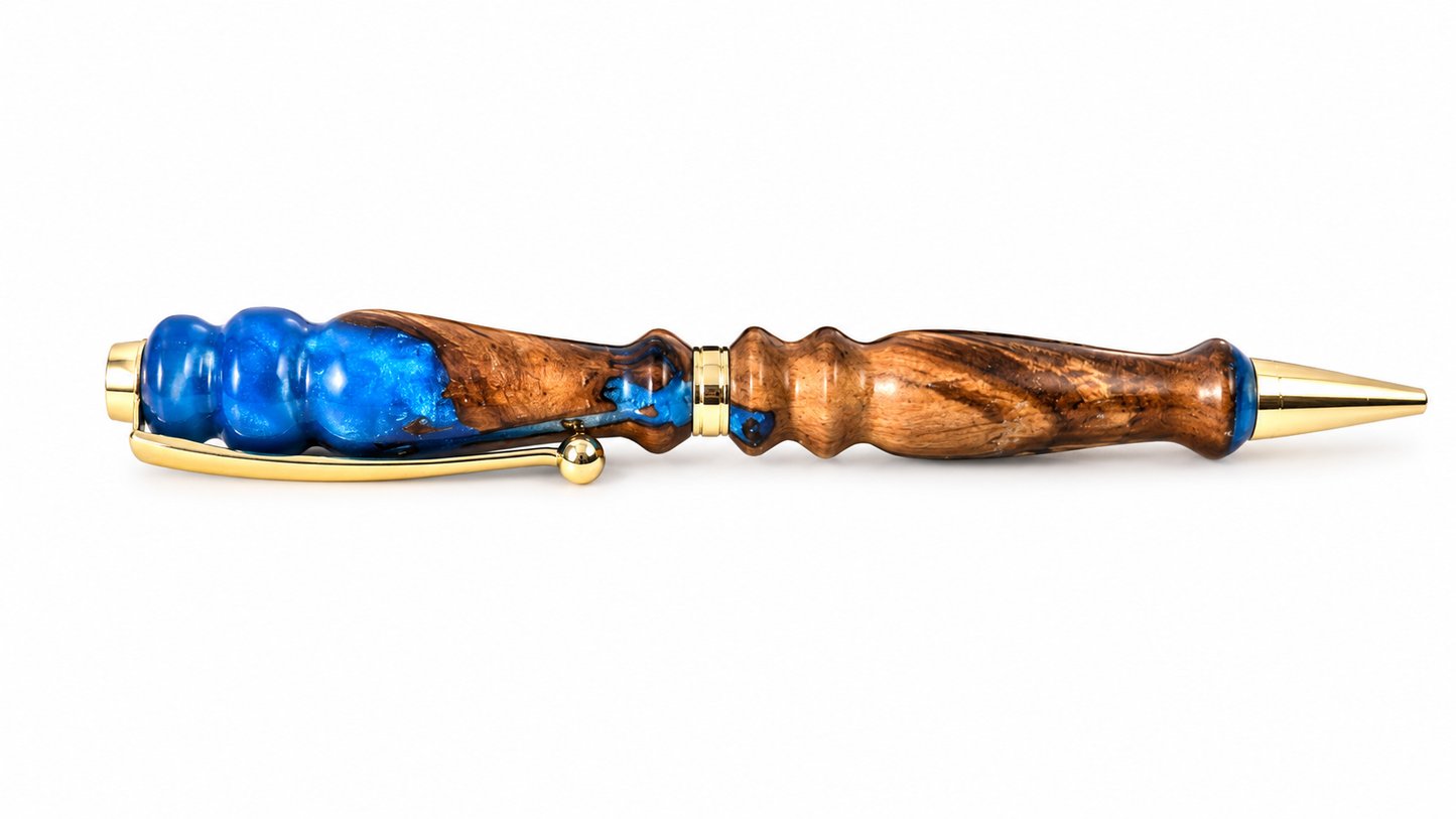 Handmade Walnut Wood & Blue Pearl Resin Pen – Luxury Wooden Ballpoint Pen | PipejaWood