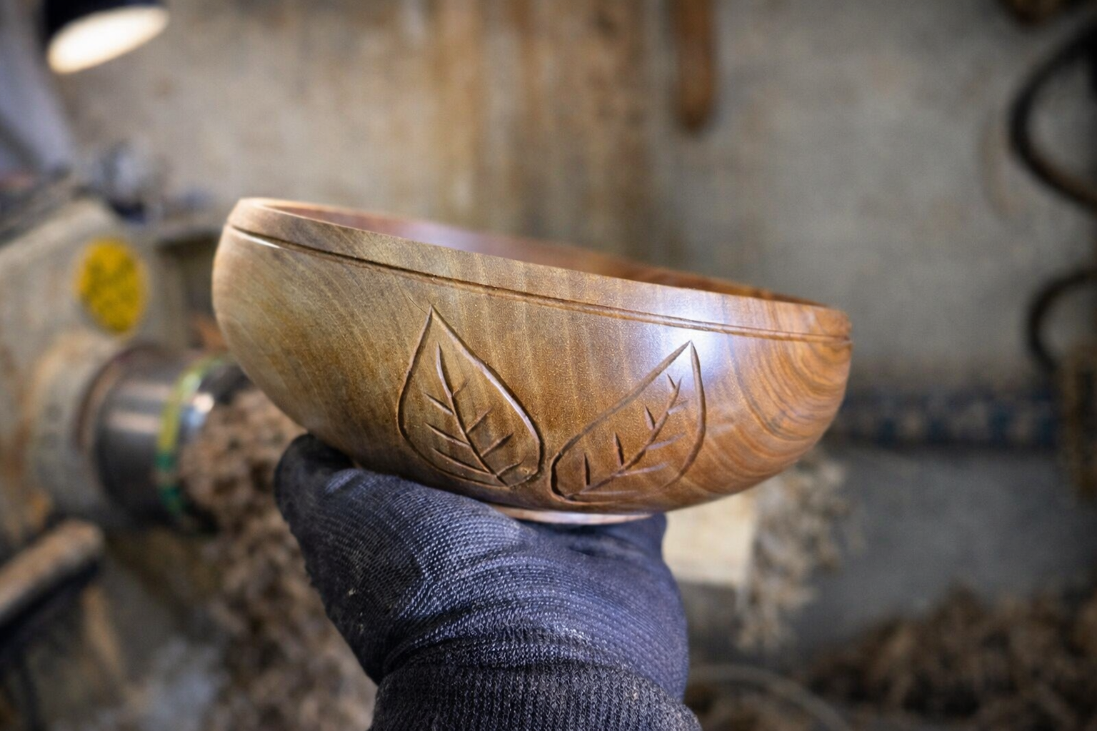 Hand-carved walnut wooden bowl with leaf design — luxury handmade
