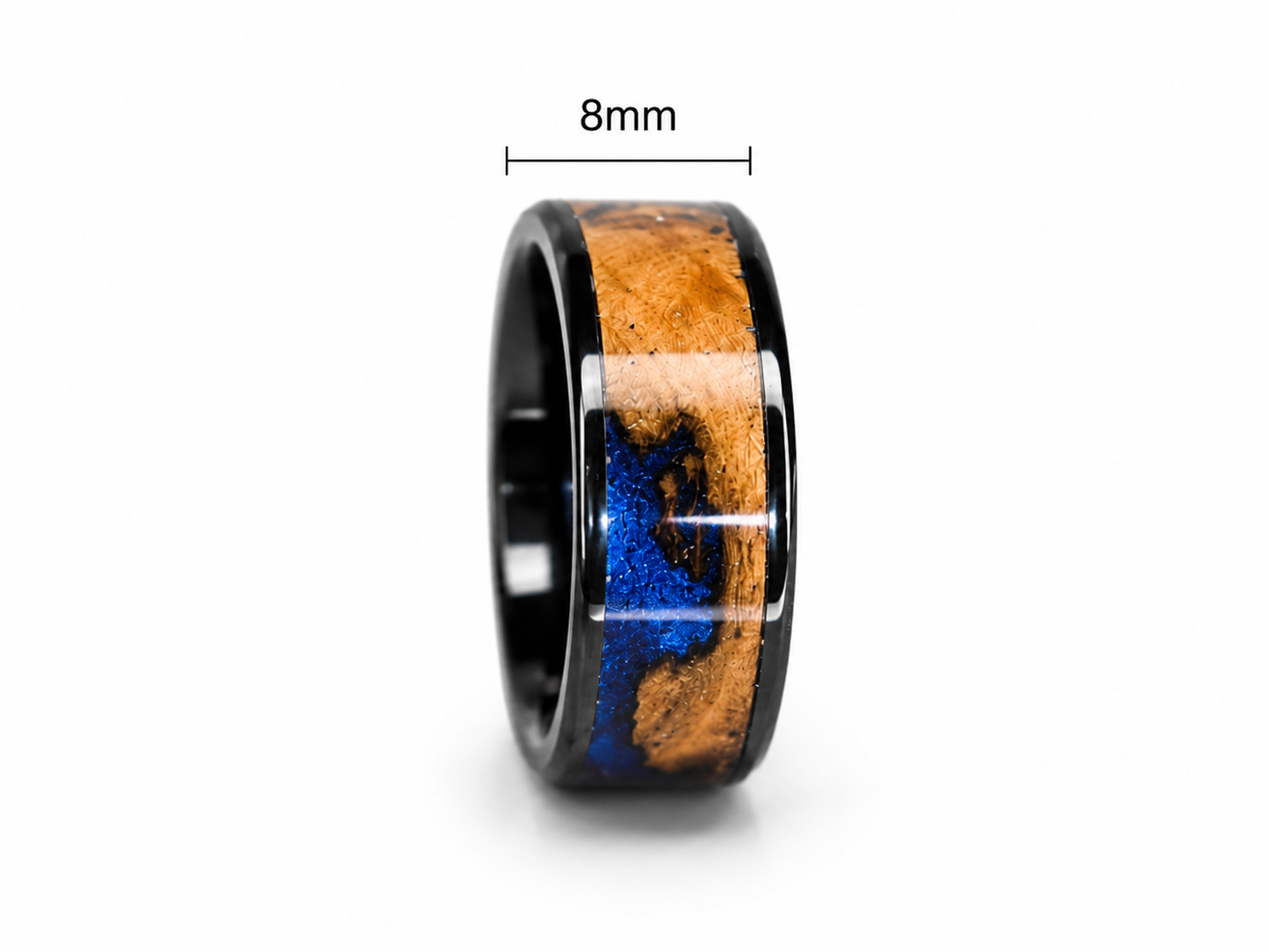 A black ceramic ring with a natural wood and blue resin inlay, shown on a white background with an '8mm' width measurement overlay.