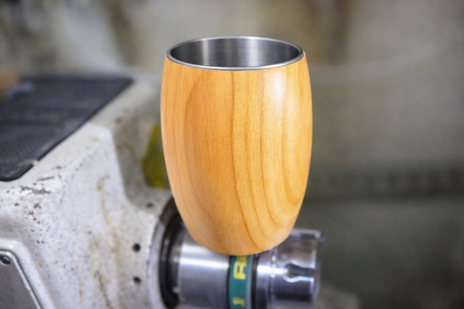 Close-up of cherry wood grain on handcrafted wooden coffee mug