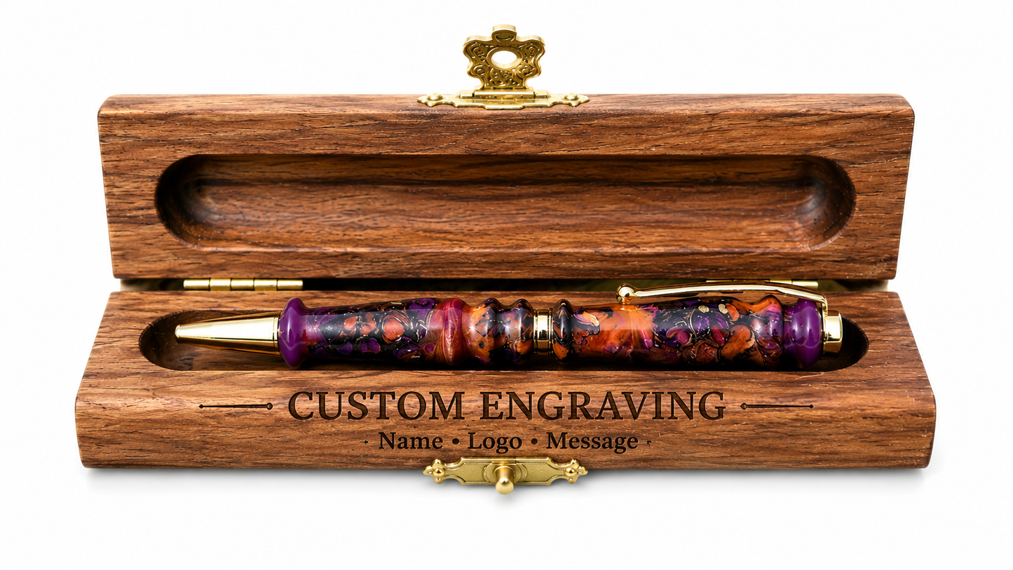 Colorful pen in a wooden box with 'Custom Engraving' text on a white background