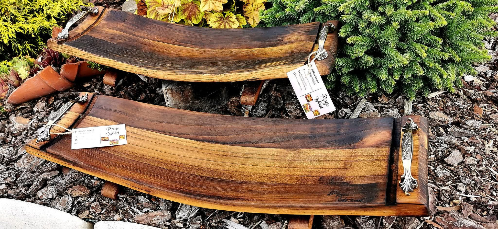 Sustainable reclaimed wood serving tray with curved barrel design