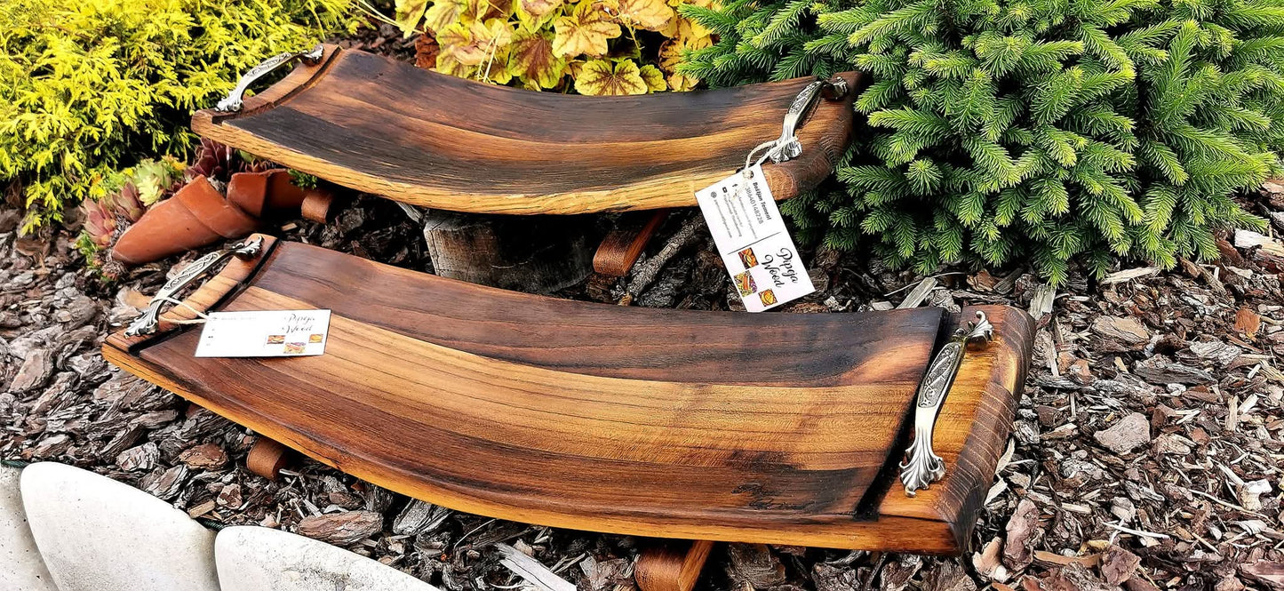 reclaimed barrel wood serving tray finished with Danish oil close up