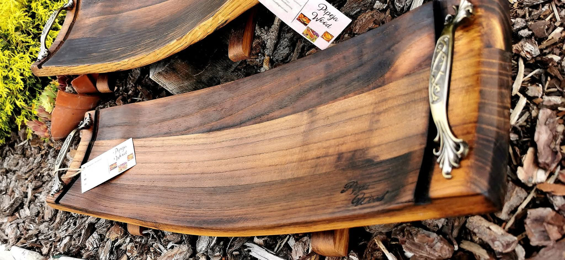 rustic wooden serving board made from reclaimed acacia barrel wood