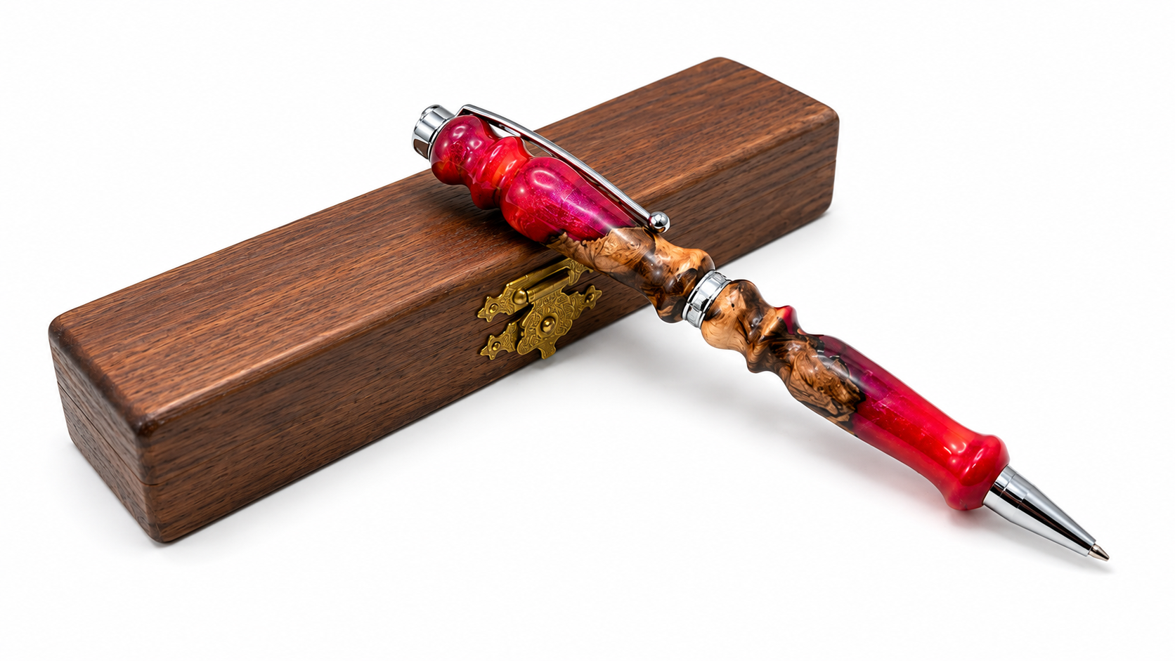 Handmade olive wood and red purple resin pen with luxury gold hardware