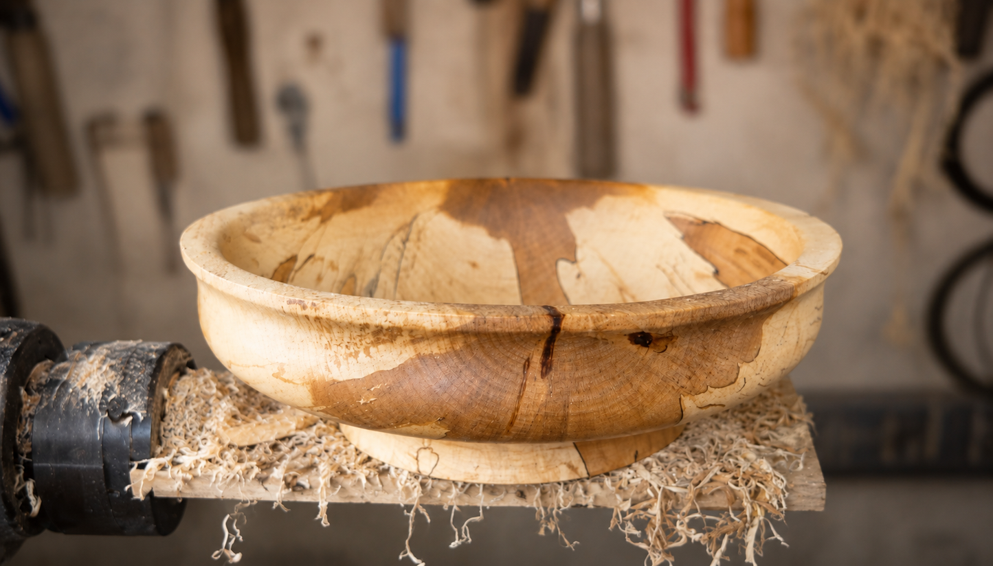 Handmade spalted beech wood bowl on woodworking lathe in workshop