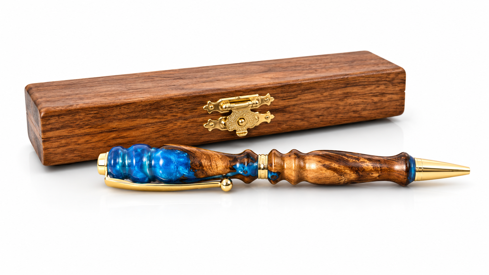 Handmade walnut wood and blue pearl resin pen with luxury gold hardware