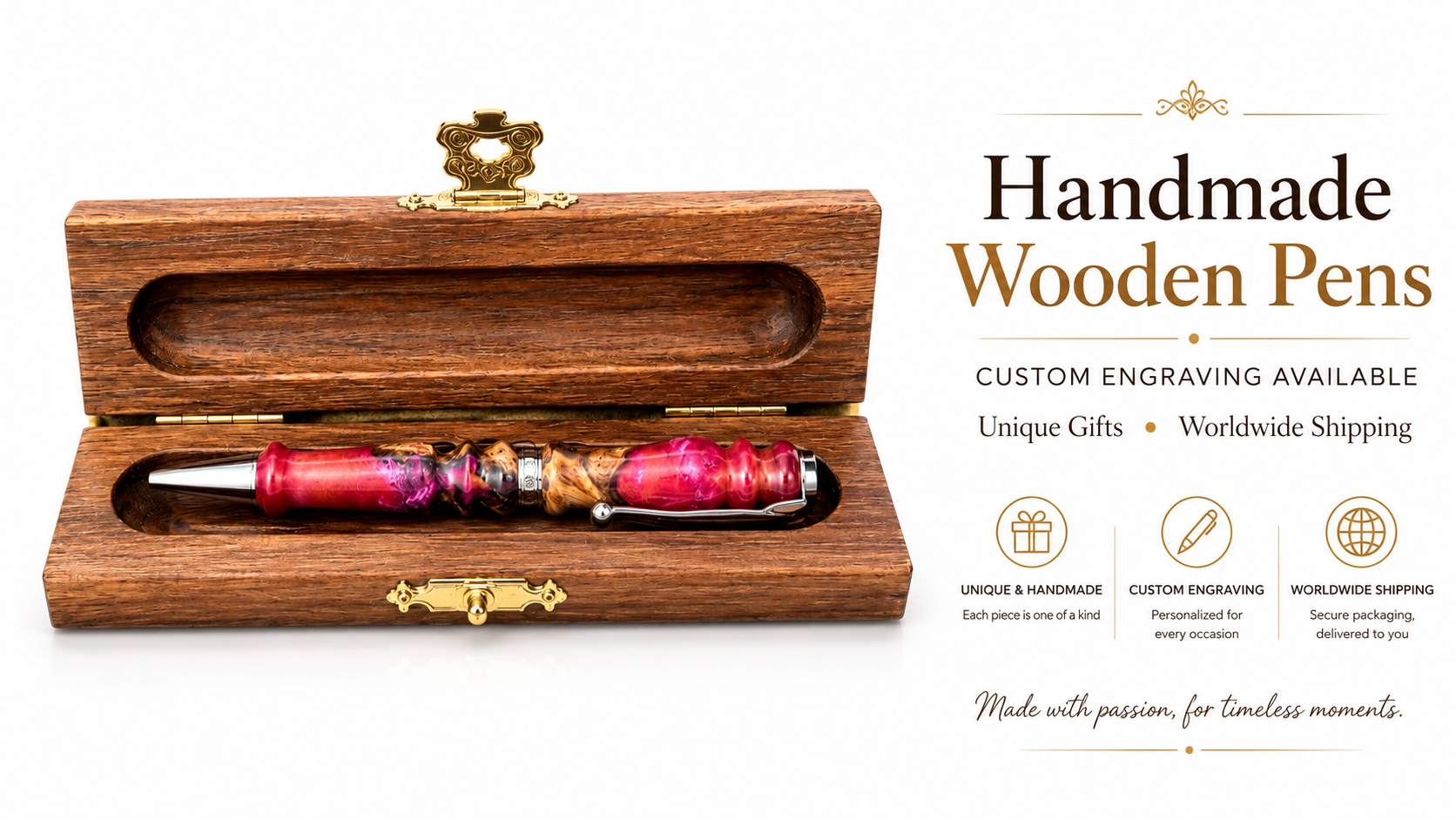 Handmade wooden pen with a colorful design in an open wooden box, on a white background.