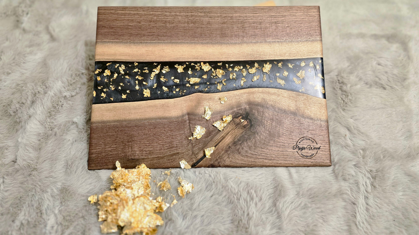 Handmade Serving Board with Black American Walnut, Epoxy Resin & Gold Flakes