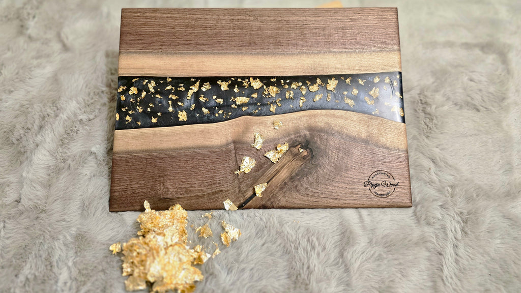 Handmade Serving Board with Black American Walnut, Epoxy Resin & Gold Flakes
