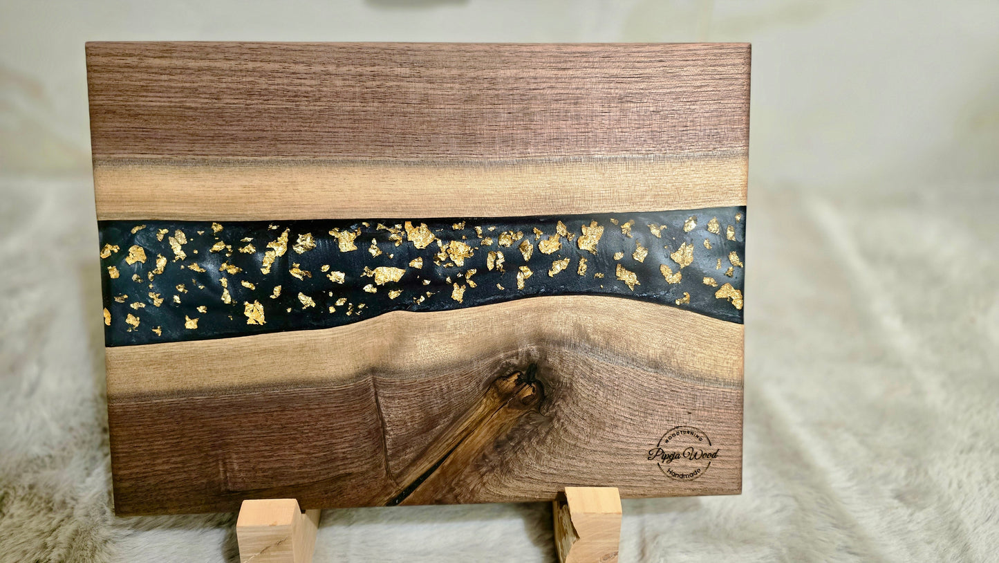 Handmade Serving Board with Black American Walnut, Epoxy Resin & Gold Flakes