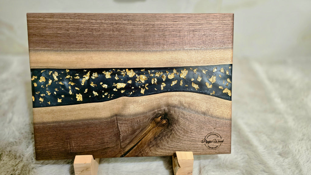 Handmade Serving Board with Black American Walnut, Epoxy Resin & Gold Flakes
