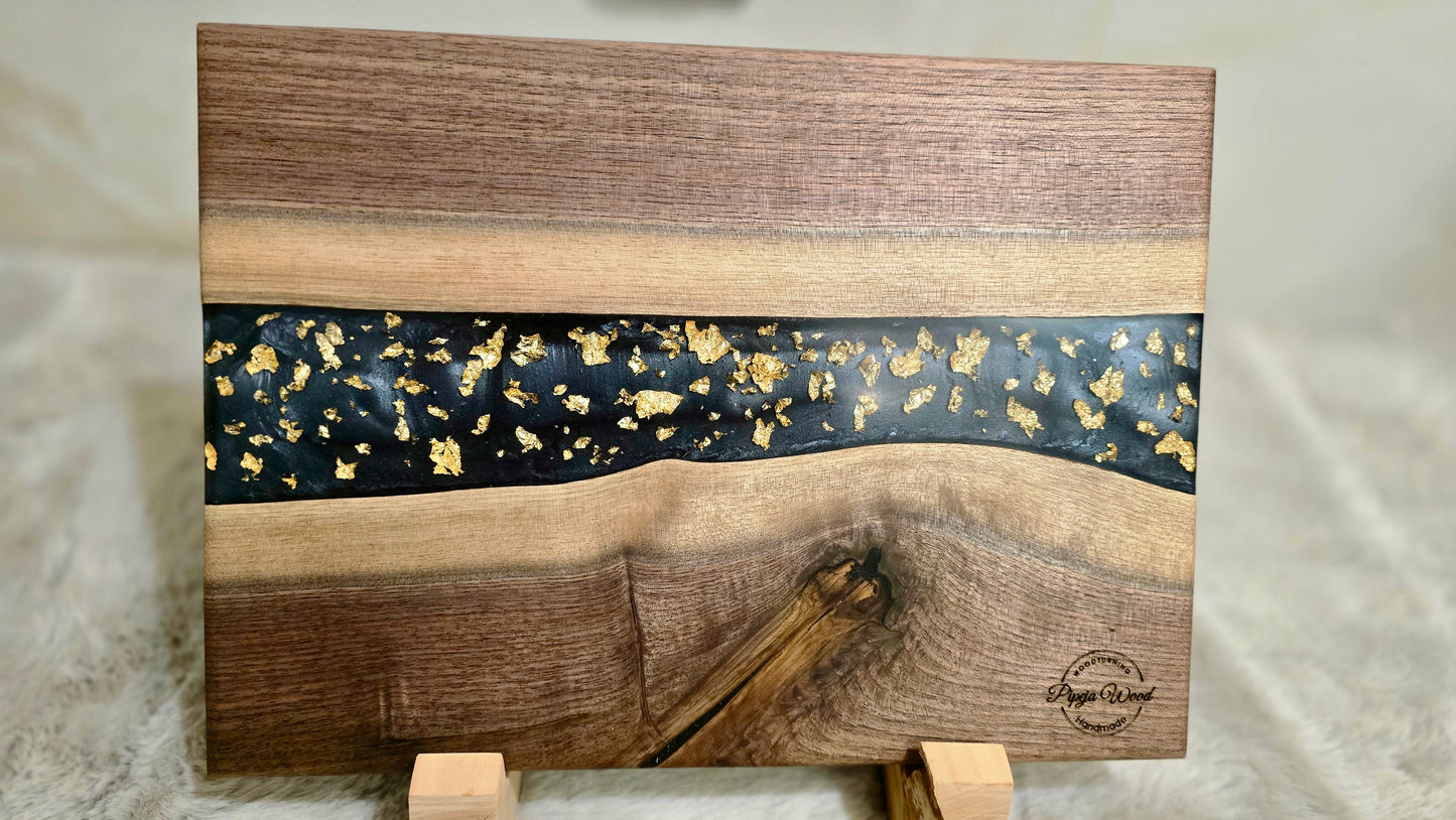 Handmade Serving Board with Black American Walnut, Epoxy Resin & Gold Flakes
