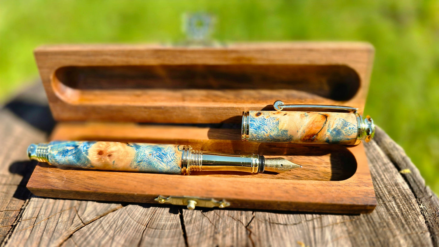 Handmade blue stabilized poplar burl fountain pen in walnut wood gift box – luxury artisan writing instrument