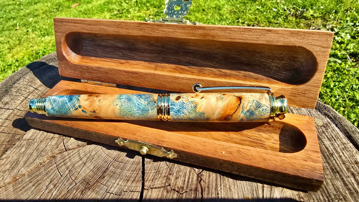 Handcrafted fountain pen and walnut gift box set made from stabilized poplar burl wood and epoxy resin
