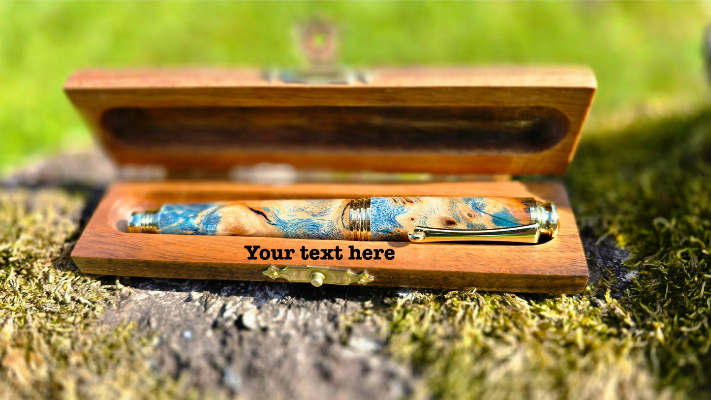 Handmade blue stabilized poplar burl fountain pen with epoxy resin – unique artisan wooden writing pen