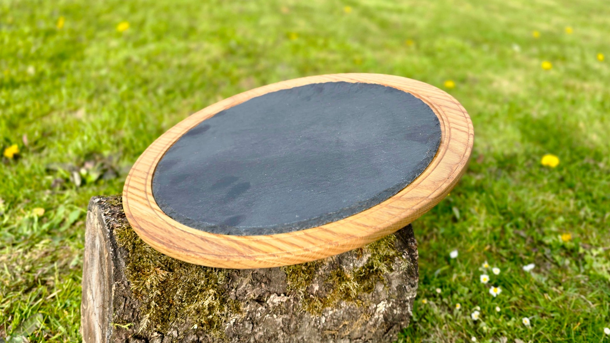 Handmade Oak Wood Serving Plate with Stone Center