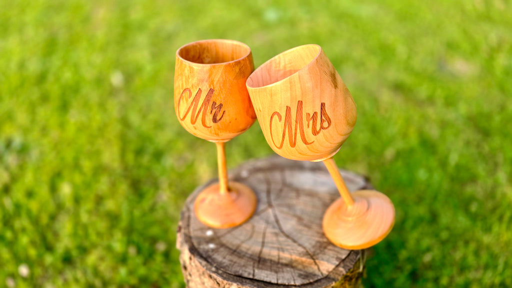 Handmade Wooden Wedding Goblets – “Mr & Mrs” – Personalized Gift Set