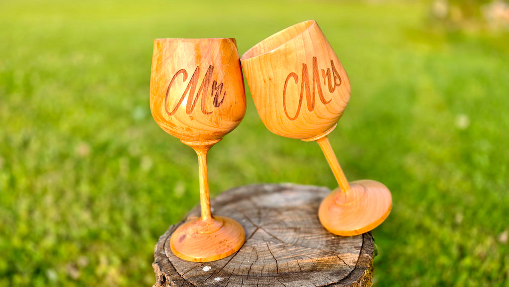 Handmade Wooden Wedding Goblets – “Mr & Mrs” – Personalized Gift Set