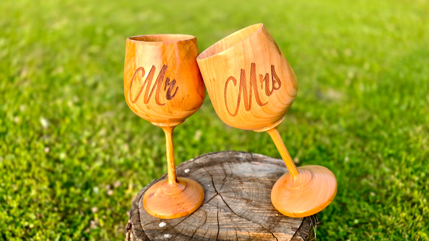 Handmade Wooden Wedding Goblets – “Mr & Mrs” – Personalized Gift Set