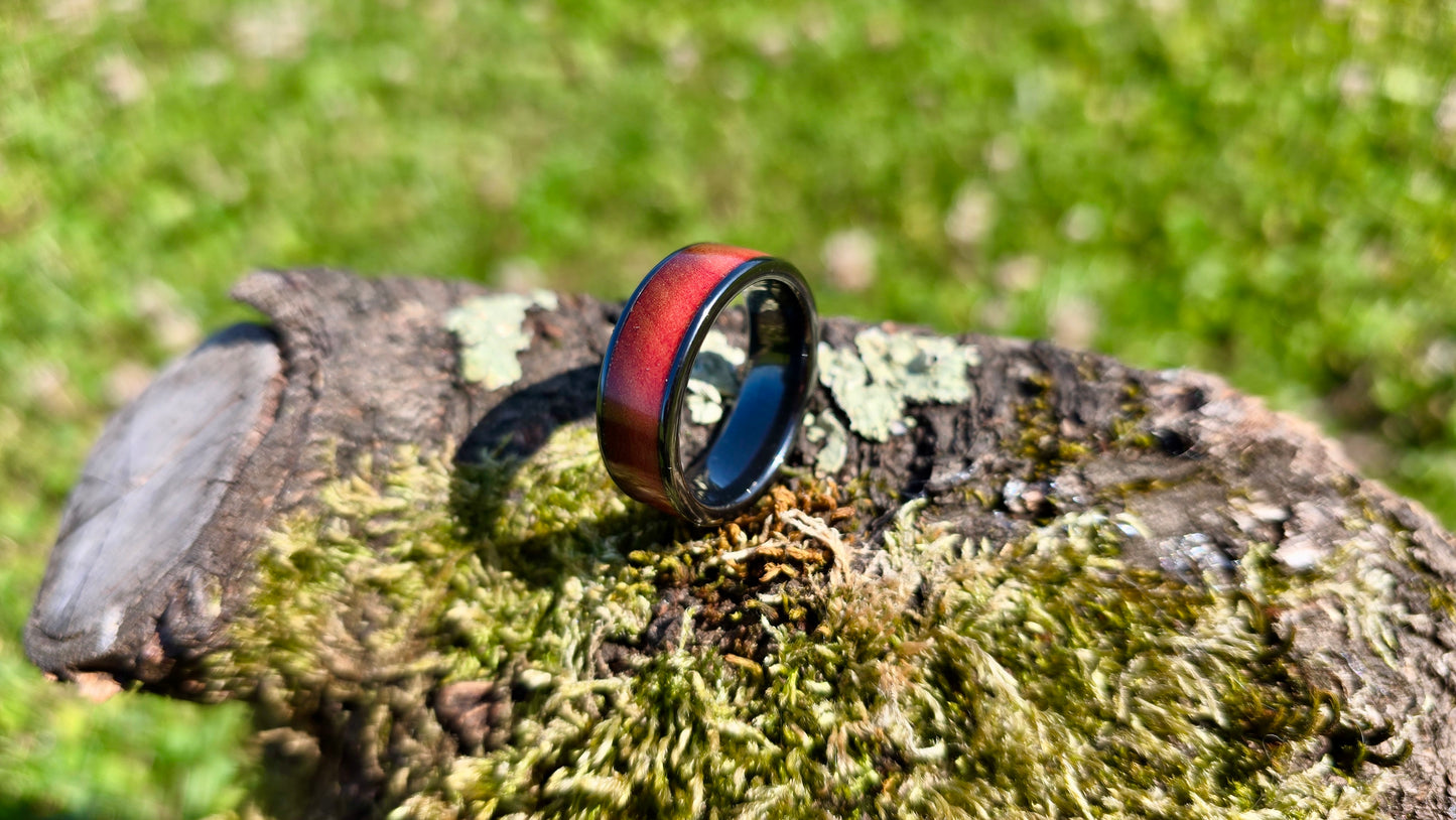 Handmade Wooden Ring with Black Ceramic Inlay and Purpleheart Wood
