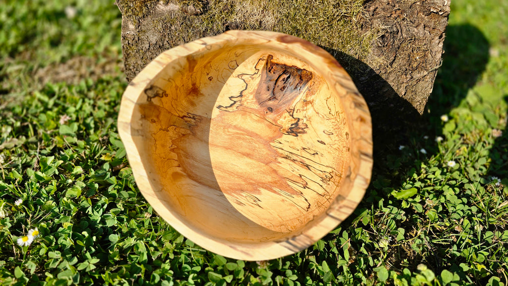 Handmade spalted birch wood bowl with natural edge – rustic decorative centerpiece, artisan-turned with unique spalting patterns