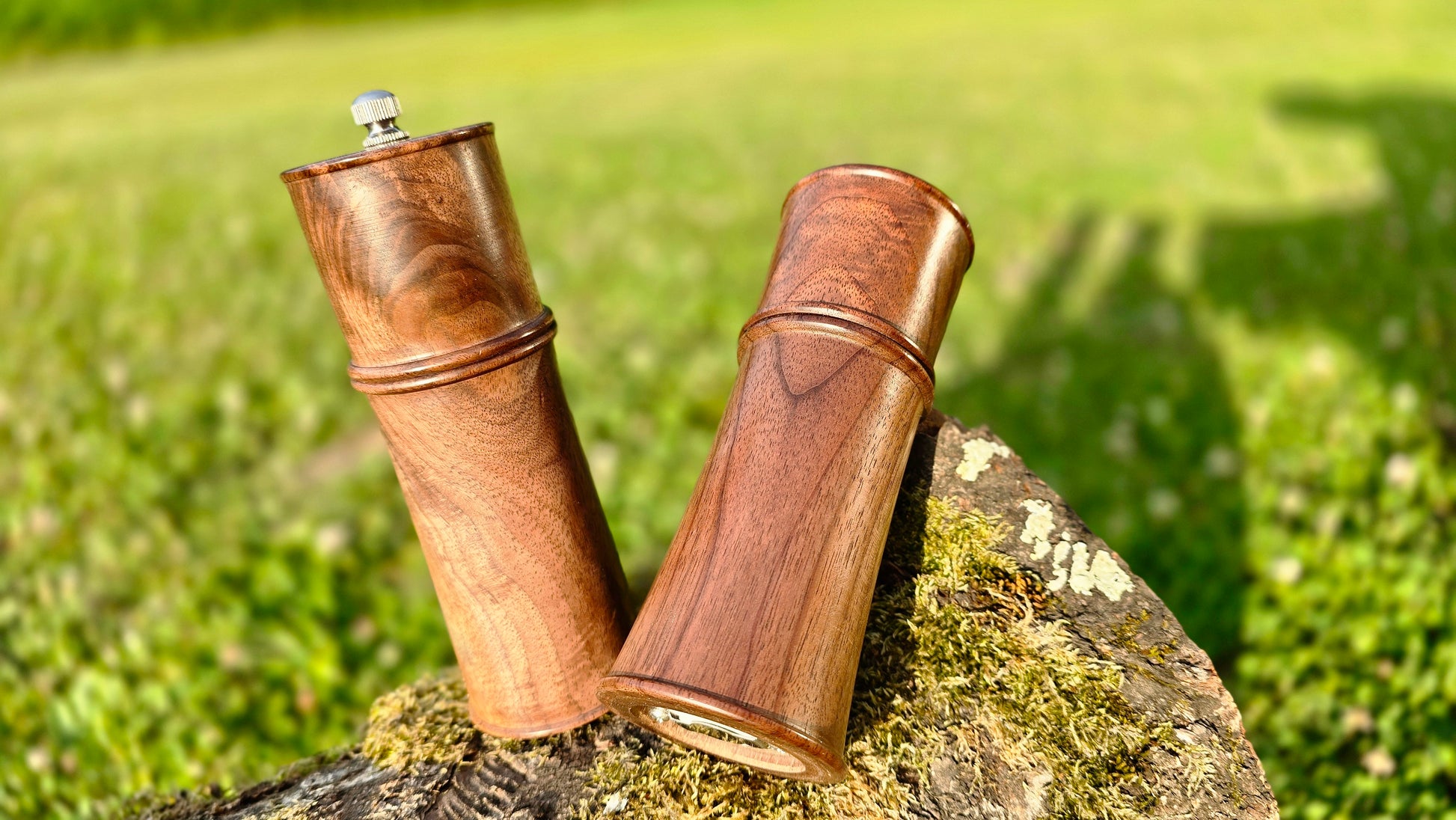 Premium walnut pepper and salt grinders with ceramic mechanism, handmade by Pipejawood