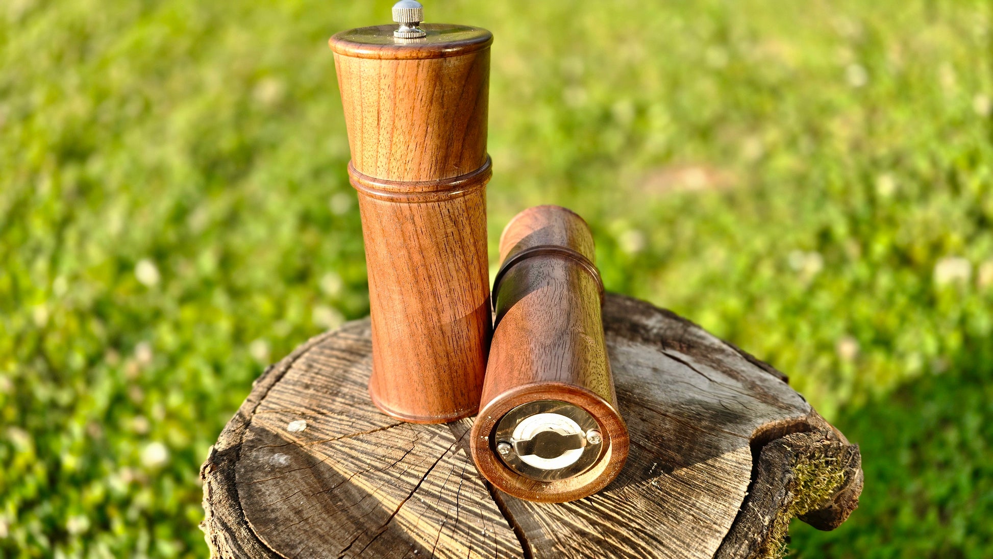 Close-up of ceramic grinder installed in handmade walnut pepper mill