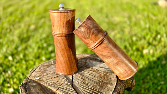 Finished pepper and salt mill set in American Black Walnut with smooth food-safe finish