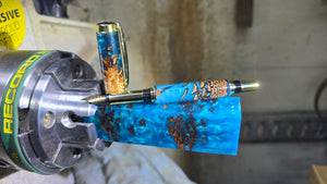Blue pearl epoxy resin fountain pen with pine cones – handmade by PipejaWood