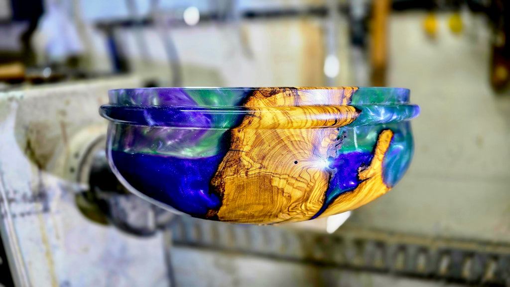 Luxury epoxy and olive wood centerpiece – on lathe