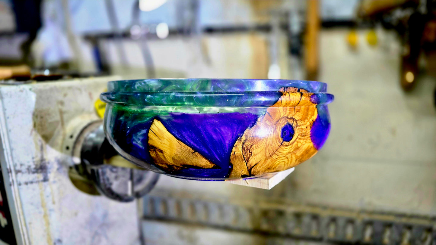 Luxury epoxy and olive wood centerpiece – on lathe