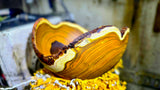 Handmade natural-edge Rhus wood bowl with yellow heartwood – front view