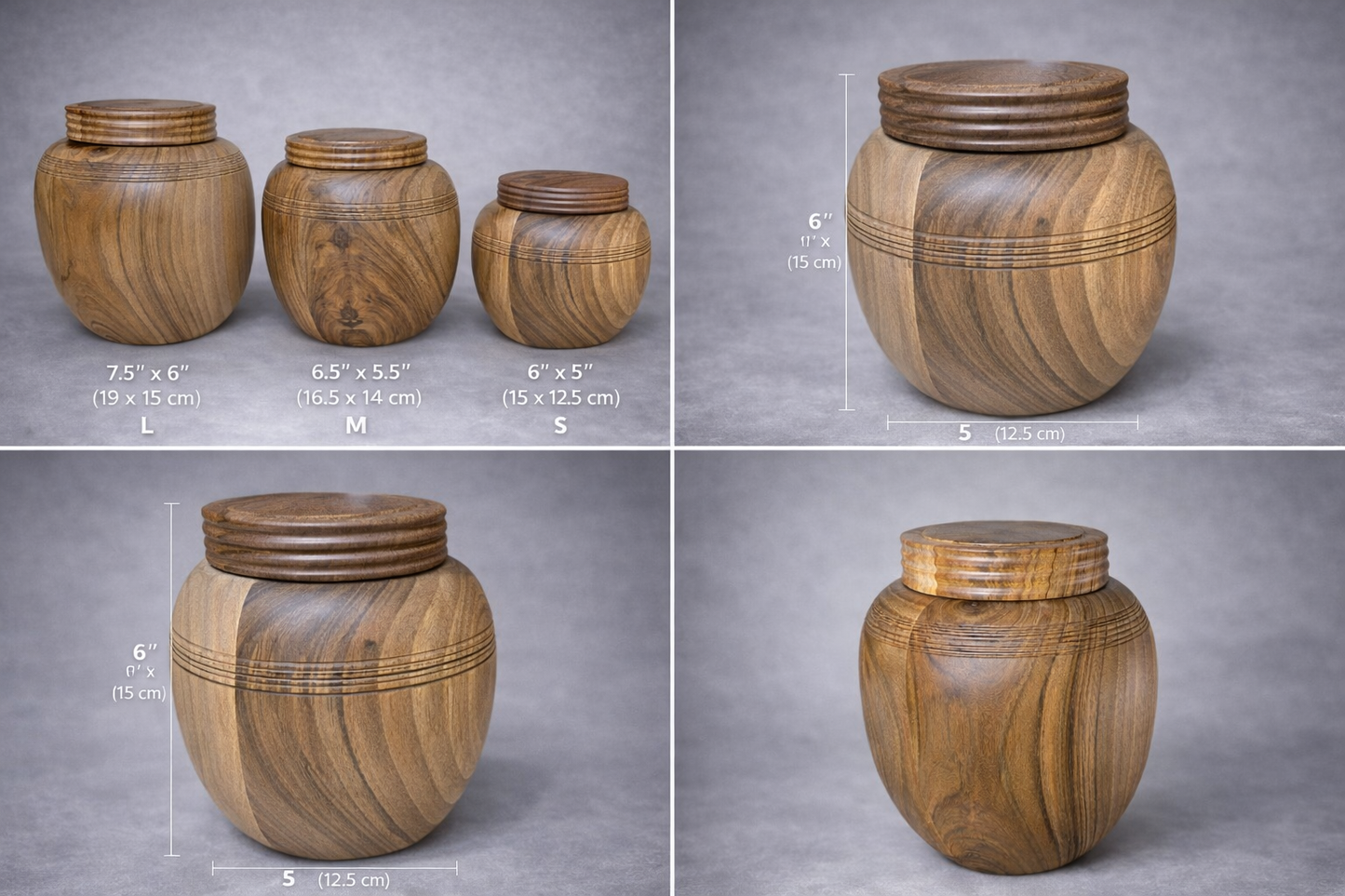 Size comparison of handmade wooden pet urns S M and L