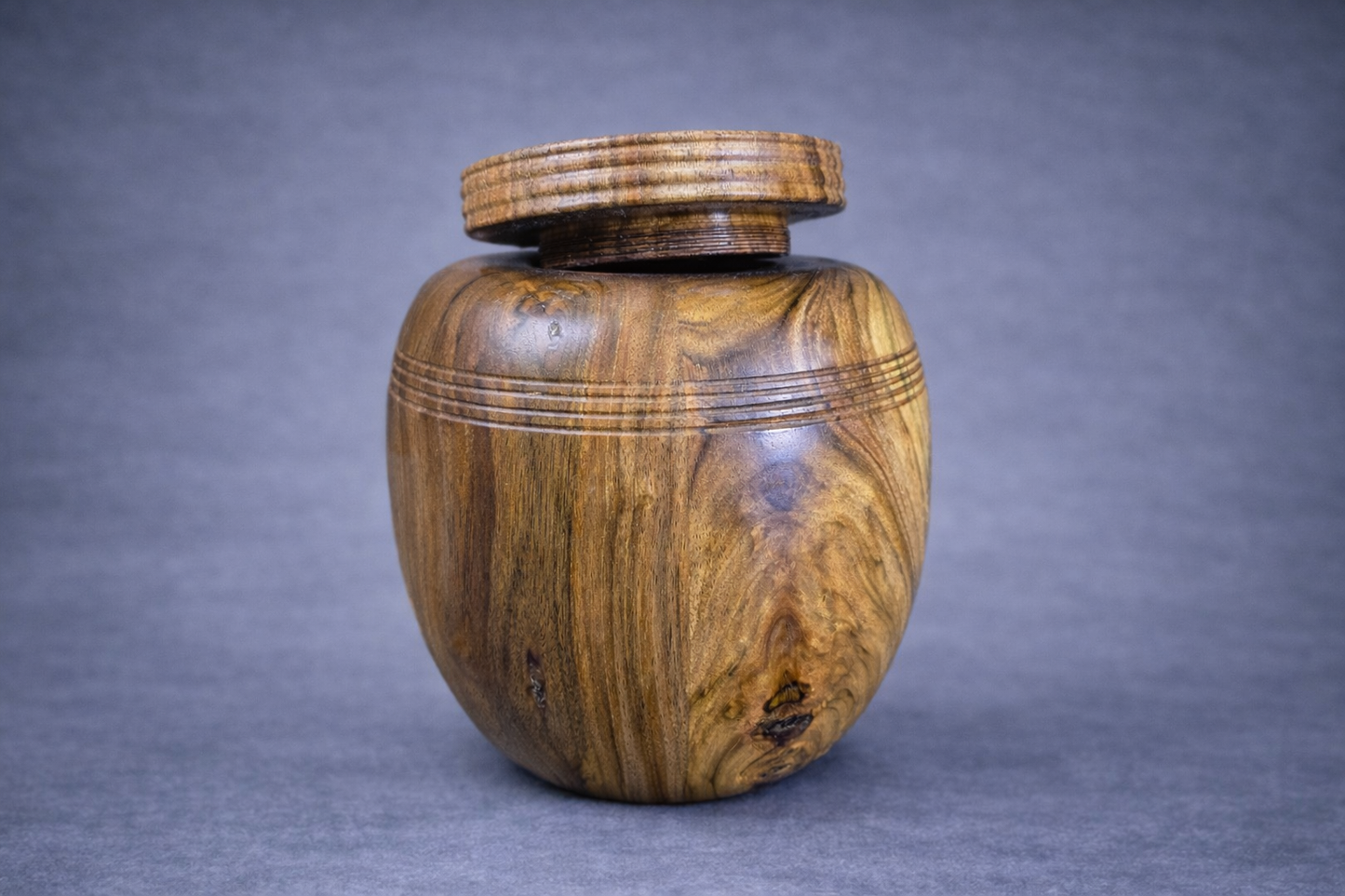 large wooden pet urn with threaded screw lid
