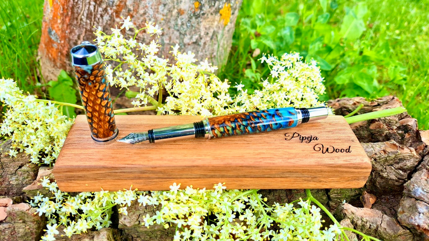 Handmade pine cone epoxy fountain pen in wooden gift box – luxury artisan writing instrument