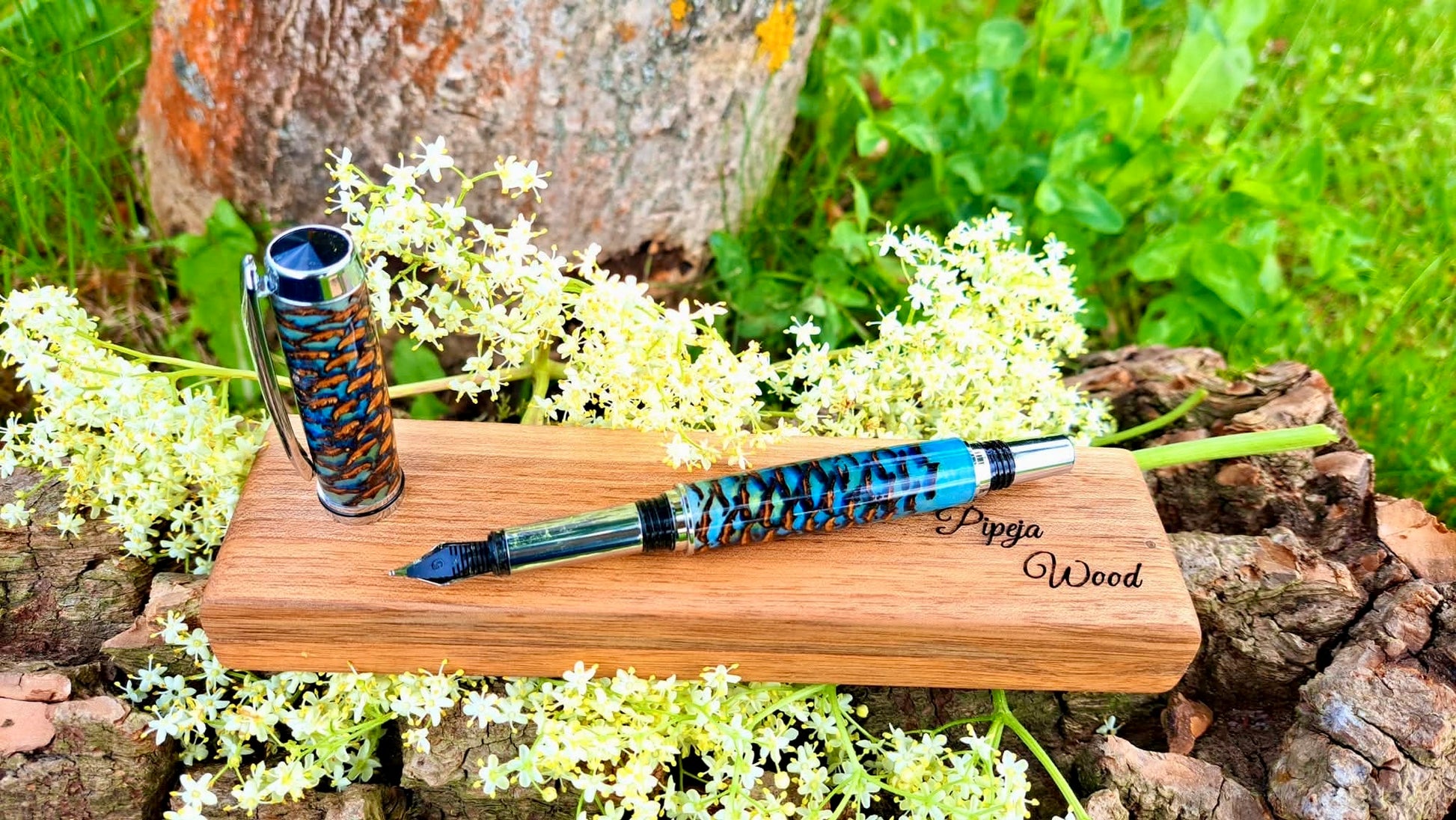 Handmade pine cone epoxy fountain pen in wooden gift box – luxury artisan writing instrument
