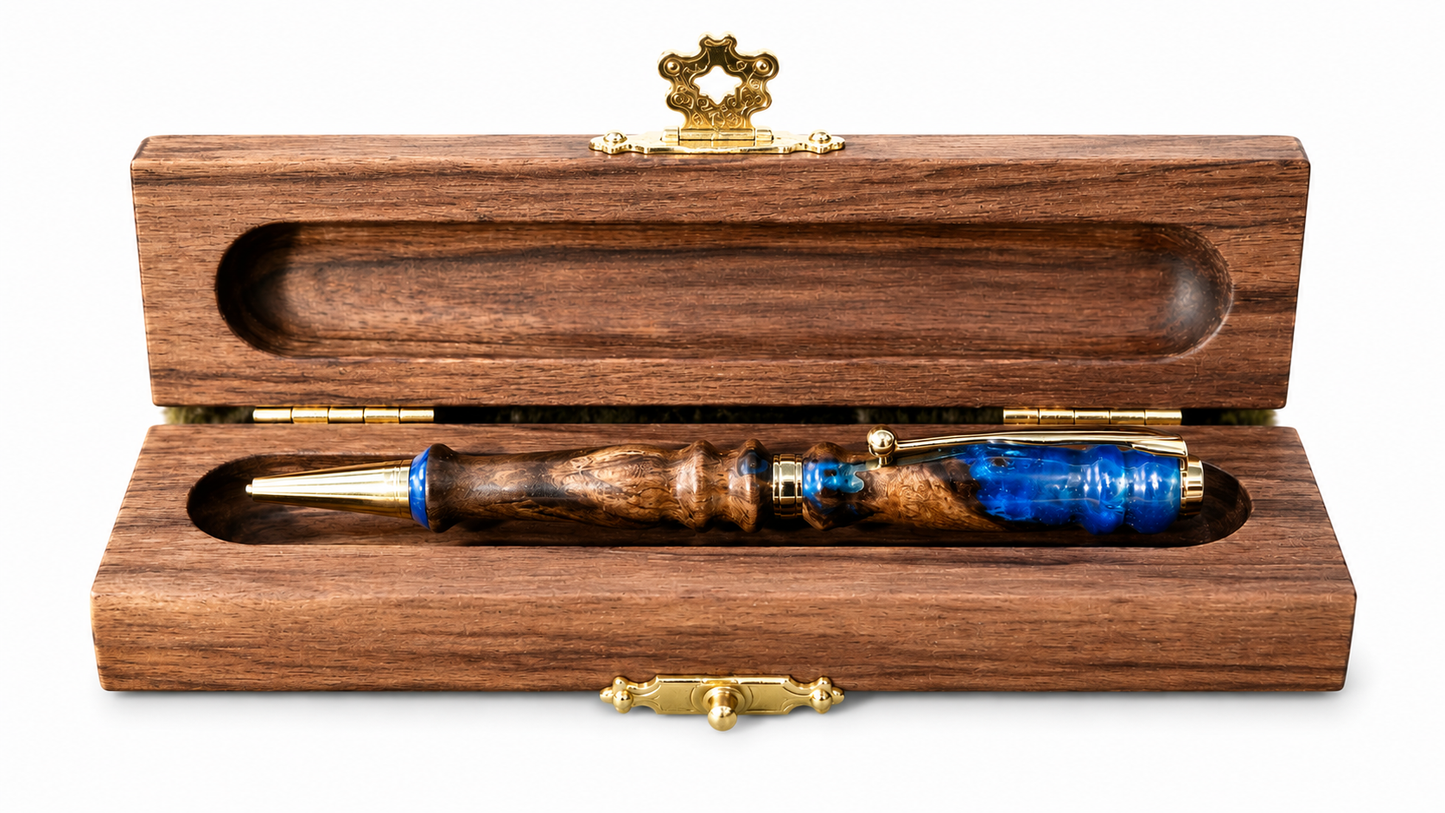 Handmade Walnut Wood & Blue Pearl Resin Pen – Luxury Wooden Ballpoint Pen | PipejaWood