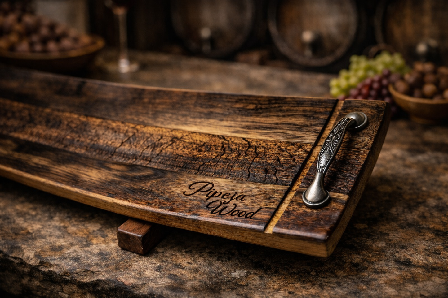 Large luxury charcuterie board crafted from reclaimed barrel staves natural grain