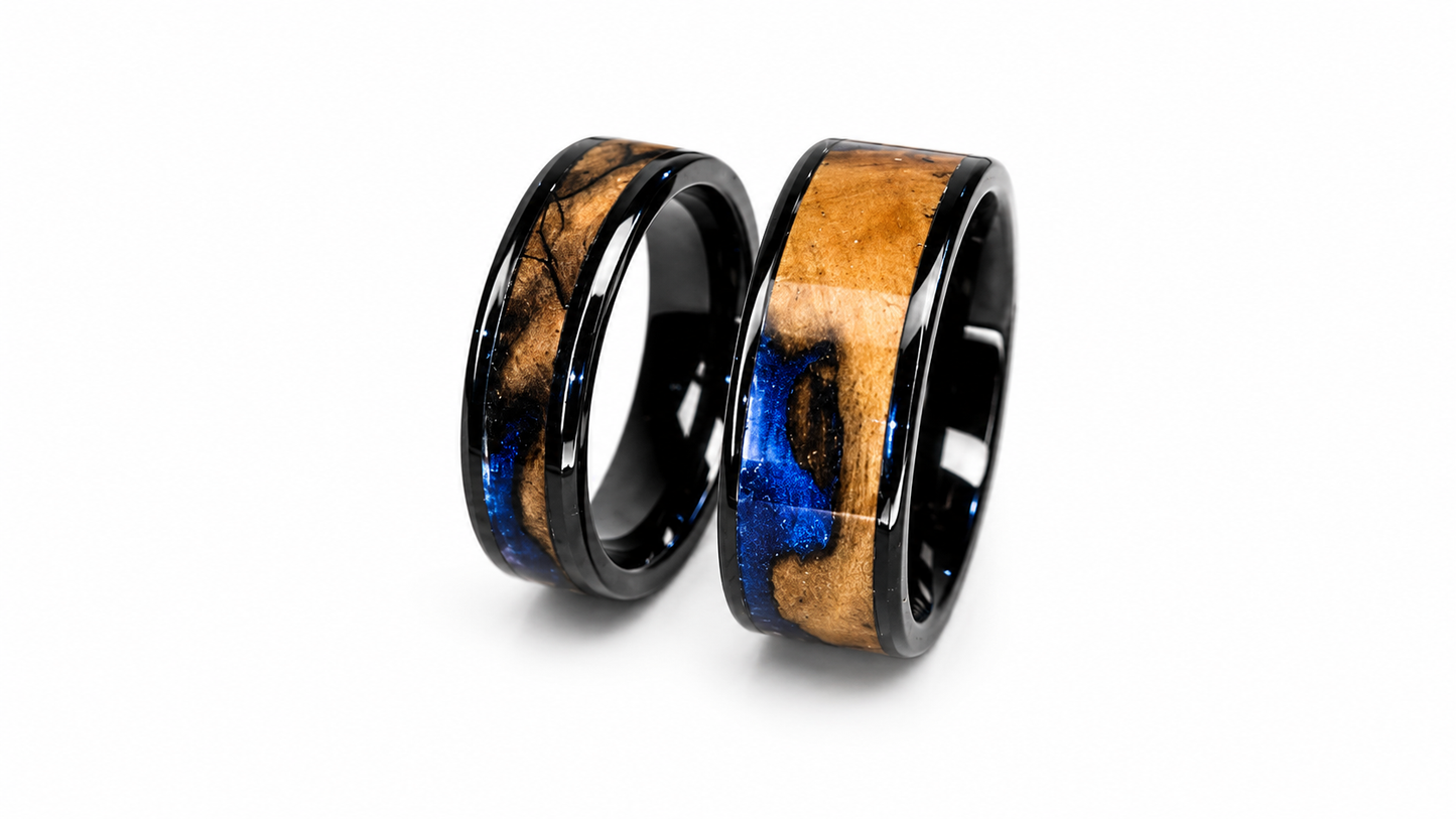Luxury olive wood ring with blue pearl epoxy resin and black ceramic wedding band