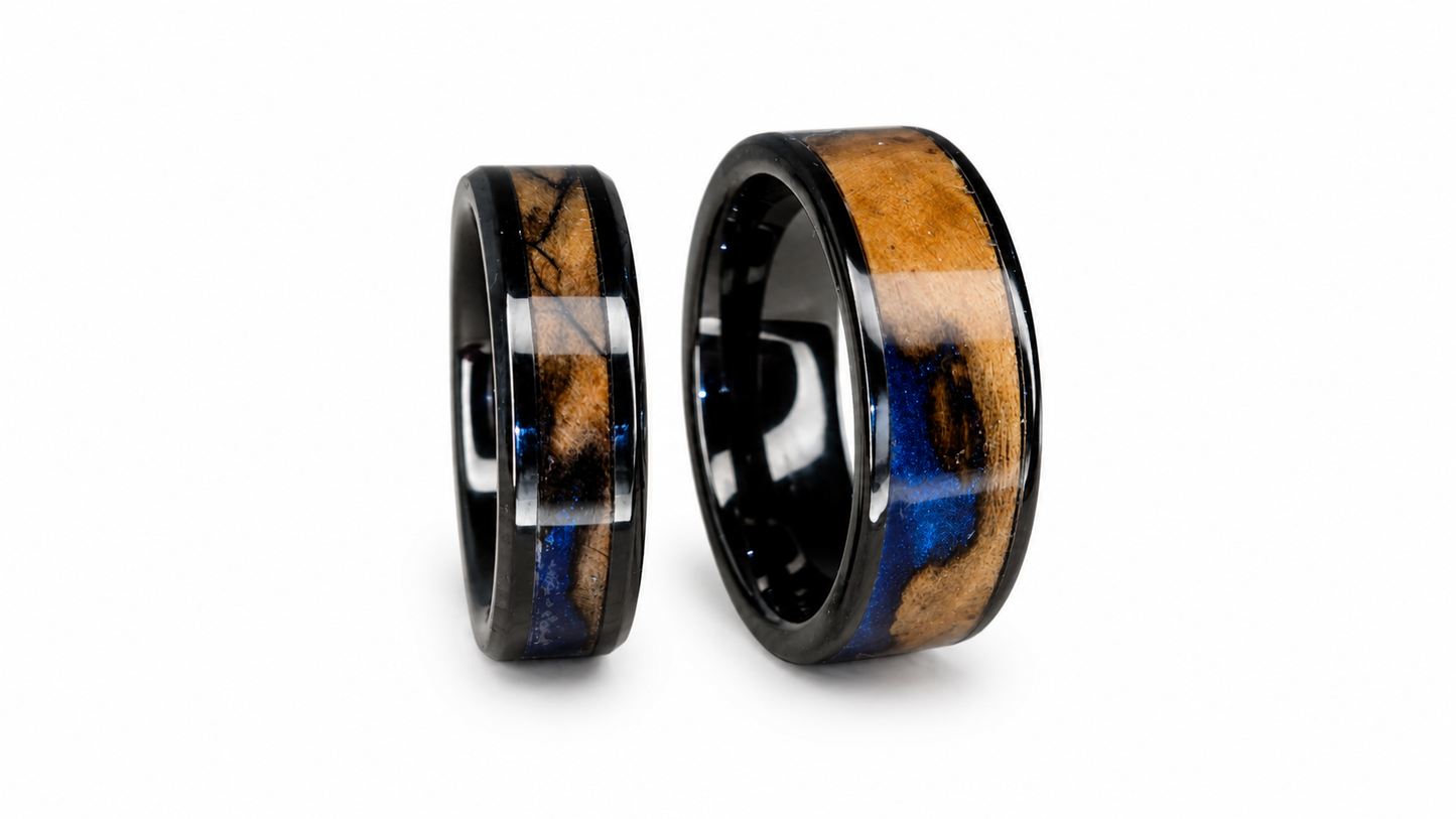 Matching handmade olive wood wedding ring set with blue pearl epoxy resin
